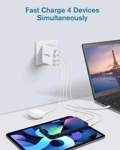 48W Universal Travel Adapter, JUNJINDA 4-Port Multi USB C Wall Charger Block US to Europe Plug Adapter with Foldable USA EU UK AUS Plug Fast Charging for iPhone, iPad, Samsung, Google, Tablet, More in Saudi Arabia