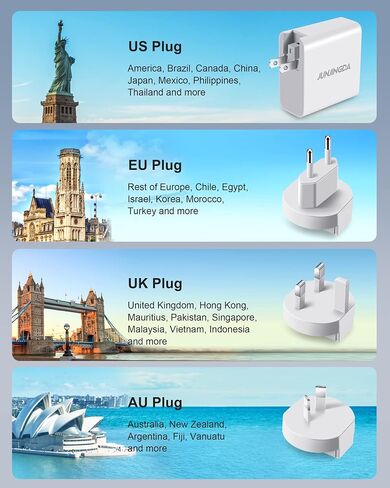 48W Universal Travel Adapter, JUNJINDA 4-Port Multi USB C Wall Charger Block US to Europe Plug Adapter with Foldable USA EU UK AUS Plug Fast Charging for iPhone, iPad, Samsung, Google, Tablet, More in Saudi Arabia