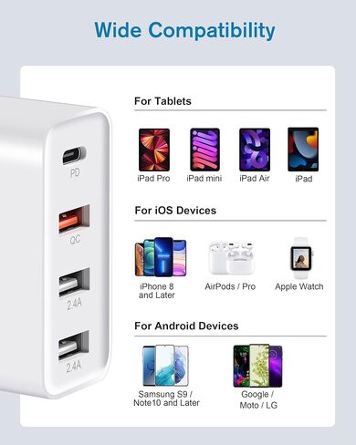48W Universal Travel Adapter, JUNJINDA 4-Port Multi USB C Wall Charger Block US to Europe Plug Adapter with Foldable USA EU UK AUS Plug Fast Charging for iPhone, iPad, Samsung, Google, Tablet, More in Saudi Arabia