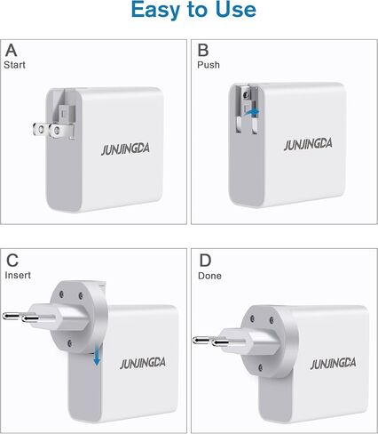 48W Universal Travel Adapter, JUNJINDA 4-Port Multi USB C Wall Charger Block US to Europe Plug Adapter with Foldable USA EU UK AUS Plug Fast Charging for iPhone, iPad, Samsung, Google, Tablet, More in Saudi Arabia