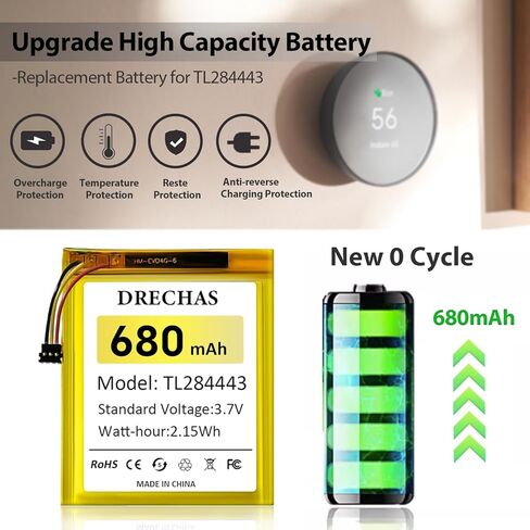 بطارية لبطارية Nest Thermostat (680 مللي أمبير في الساعة)، بطارية بديلة ليثيوم بوليمر مطورة لـ Nest Learning Thermostat الجيل الثاني والثالث، TL284443، T3007ES، T3008US، T4000ES، A0013 مع أدوات إصلاح in Kuwait