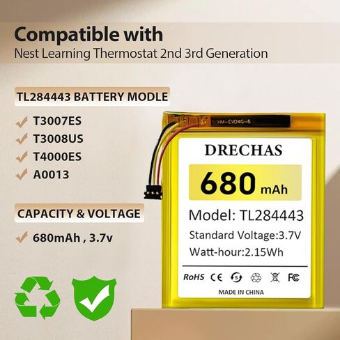 بطارية لبطارية Nest Thermostat (680 مللي أمبير في الساعة)، بطارية بديلة ليثيوم بوليمر مطورة لـ Nest Learning Thermostat الجيل الثاني والثالث، TL284443، T3007ES، T3008US، T4000ES، A0013 مع أدوات إصلاح in Kuwait