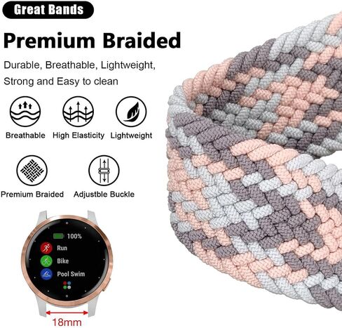 Abanen Braided Elastic Loop Watch Bands for Garmin Venu 2S / Venu 3S/ Vivoactive 4S / Vivomove 3S, 18mm Elastic Soft Stretchy Nylon Quick Dry Women Wristband Strap for Forerunner 255s/265S in Kuwait