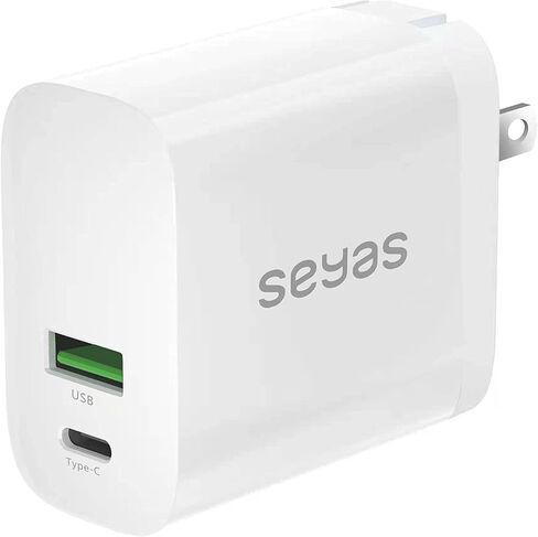 شاحن USB C، شاحن حائط Seyas 30 وات، 2 منفذ لتوصيل الطاقة، شاحن سريع، محول طاقة قابل للطي، شاحن PD لأجهزة iPhone iPad Airpods Pixel Galaxy Switch والمزيد، أبيض in Kuwait