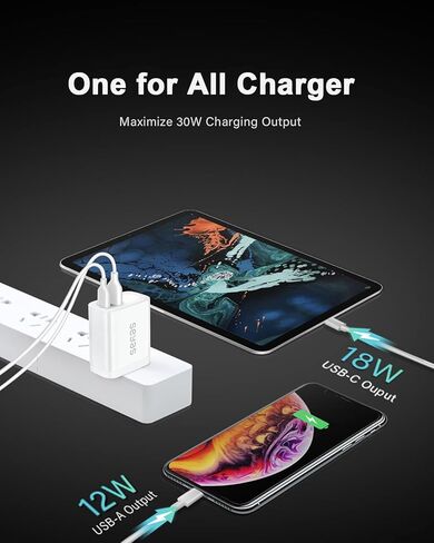 شاحن USB C، شاحن حائط Seyas 30 وات، 2 منفذ لتوصيل الطاقة، شاحن سريع، محول طاقة قابل للطي، شاحن PD لأجهزة iPhone iPad Airpods Pixel Galaxy Switch والمزيد، أبيض in Kuwait