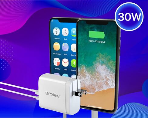 شاحن USB C، شاحن حائط Seyas 30 وات، 2 منفذ لتوصيل الطاقة، شاحن سريع، محول طاقة قابل للطي، شاحن PD لأجهزة iPhone iPad Airpods Pixel Galaxy Switch والمزيد، أبيض in Kuwait