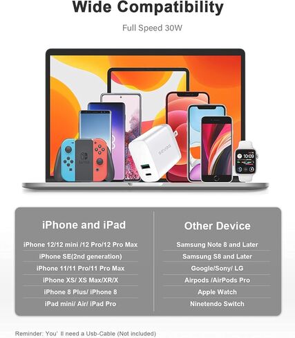 شاحن USB C، شاحن حائط Seyas 30 وات، 2 منفذ لتوصيل الطاقة، شاحن سريع، محول طاقة قابل للطي، شاحن PD لأجهزة iPhone iPad Airpods Pixel Galaxy Switch والمزيد، أبيض in Kuwait