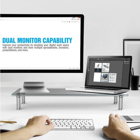 Eutuxia Type-S Black Tempered Glass Monitor Stand, TV, Laptop, Computer, All-In-One Desktop, Printer Riser [21.75 x 8.25 x 3.25 Inches] in Saudi Arabia
