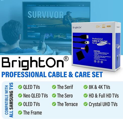 حزمة BrightOn Cable & Care لجميع أجهزة تلفزيون سامسونج. يحتوي على كابل 8K HDMI 2.1 HDR 8K@60 هرتز/4K@120 هرتز | كابل كات 7 فائق السرعة | فرشاة الغبار وقطعة قماش من الألياف الدقيقة in Kuwait