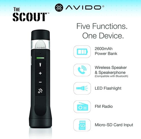 Scout All-in-One 5 Function [LED Flashlight, Wireless Speaker, 2500mAh USB Portable Battery, FM Radio, Micro-SD Card Player] Multifunctional Device with Bicycle/Handlebar Clip - Black/Silver in Saudi Arabia