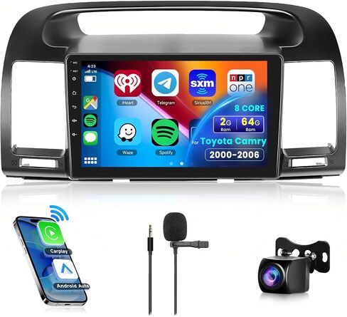 8 CORE 2G+64G Car Radio for Toyota Camry 2000-2006 with Wireless CarPlay/Android Auto, Podofo 9" 1280 * 720P IPS Touch Screen Stereo Android 13 GPS WiFi Bluetooth DSP SWC + HD Backup Camera in Saudi Arabia