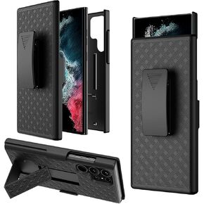 Galaxy S22 Ultra Case with Kickstand & Belt Clip Holster, Heavy Duty Shockproof Armor Protective Rugged Woven Pattern Hard Plastic Phone Cover for Samsung Galaxy S22 Ultra 6.8" 2022, Black