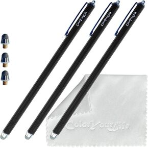 3-Pack 7.3’’ Fine Micro-Knit Mesh Tip Capacitive Stylus Pens for Touch Screens with Replaceable Mesh Tips, Extra Long Universal Stylus Pens and Cleaning Cloth (Black, Blue, Red)