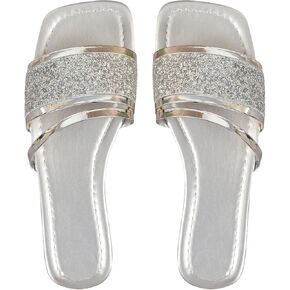 OYOANGLE Women's Metallic Flat Sandals Sparkly Glitter Square Toe Slip on Slides Sandals
