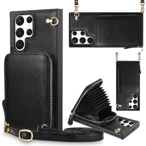 JAKPAK for Samsung Galaxy S22 Ultra 5G Case Wallet Zipper Leather Case with Card Holder Slots Protective Cover with Lanyard Case Compatible with Samsung Galaxy S22 Ultra 5G 6.8 inch Black