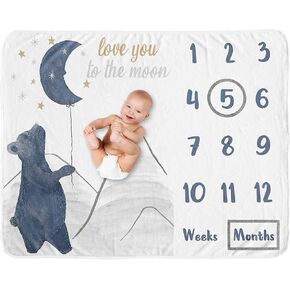 Sweet Jojo Designs Woodland Bear Boy Girl Milestone Blanket Monthly Newborn First Year Growth Mat Baby Shower Memory Keepsake Gift Picture - Navy Blue Grey Gold Black Celestial Moon Star Watercolor