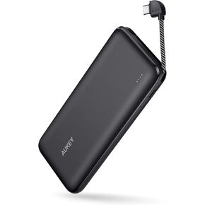 Power Bank 10000mAh 18W with Built-in USB-C Cable Ultra Slim Portable Charger 2 Ports PD Fast Charge