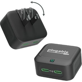 Plugable Dual USB C Wall Charger, 40W Foldable 2-Port Flat USB C Fast Charger Block, USB-C Power Adapter for iPhone 15, iPad, AirPods, Samsung Galaxy, Pixel (PS-40C2B) Black