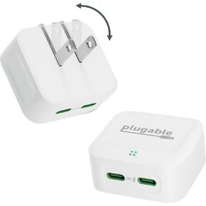 Plugable Dual USB C Wall Charger, 40W Foldable 2-Port Flat USB C Fast Charger Block, USB-C Power Adapter for iPhone 15, iPad, AirPods, Samsung Galaxy, Pixel (PS-40C2B) Black