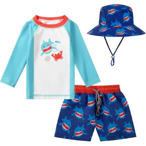 Toddler Boys' Swimsuit Trunk Rashguard Set with Beach Sun Hat and Baby Girls' Swim Bathing Suit Set Pull On Shorts