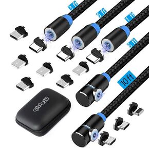 Magnetic Charging Cable,(5-Pack,1ft/3ft/6ft/6ft/10ft) Magnetic Phone Charger,3-in-1 USB Magnetic Cable Compatible Micro USB,Type C(Black,Gen 1)