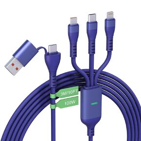 100W Long Multi Charging Cable 3M/10Ft [Apple MFi Certified] 3 in 2 USB C/A Fast Charging Cable with Type C+Micro USB+Lightning for All iOS iPhone 15 14 MacBook Pad Dell Galaxy Android Huawei Oneplus