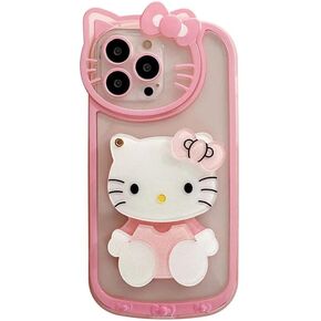 for iPhone 15 Pro Max Cute Cartoon Cat Case,3D Bow Kawaii Face Makeup Mirror Women Girls Kids Soft TPU Clear Protective Phone Cover Pink
