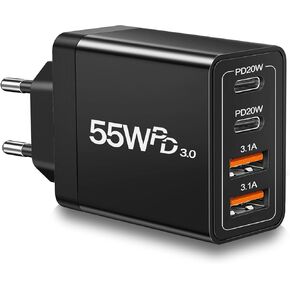 شاحن USB C أوروبي، محول قابس السفر الأوروبي بقدرة 55 وات، 4 منافذ USB C شحن سريع من الولايات المتحدة إلى أوروبا، محول طاقة من النوع C لهواتف iPhone 15 14 13 12 11 Pro Max XS X 8، Galaxy، Android