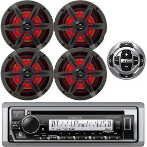 Kenwood in-Dash Single DIN Bluetooth Marine USB/AUX CD Player Receiver with Wired Remote Control, 4x Enrock 6.5" 2-Way 120 Watt Max Multicolor LED Boat Audio Speakers w/ Charcoal and Chrome Grilles