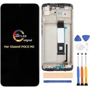 for Xiaomi Poco M3 LCD Display Touch Digitizer M2010J19CG M2010J19CI Screen Replacement Full Assembly Repair Kits with Tools(Black with Frame)