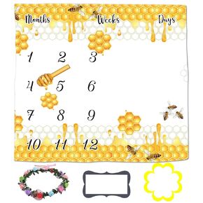 Baby Monthly Milestone Blanket xfor 1 to 12 Months Baby, Honeycomb Cartoon Bee Background for Baby Pictures Personalized, Includes Wreath and Frame 60"x40" BTQQLY447