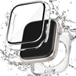 2 in 1 Waterproof Case Compatible with Apple Watch 45mm Series 9/8/7 with Tempered Glass Screen Protector, Full Coverage Bumper Cover for iWatch Case 45mm Black