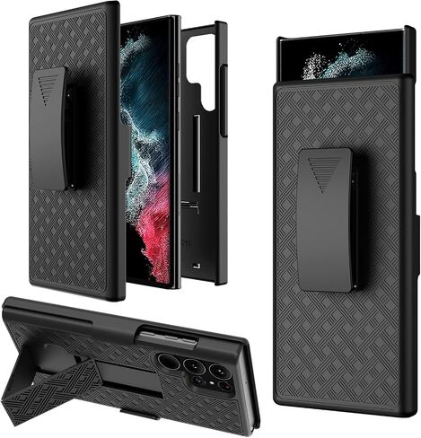 Galaxy S22 Ultra Case with Kickstand & Belt Clip Holster, Heavy Duty Shockproof Armor Protective Rugged Woven Pattern Hard Plastic Phone Cover for Samsung Galaxy S22 Ultra 6.8" 2022, Black in Saudi Arabia