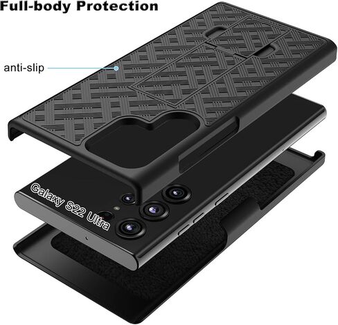Galaxy S22 Ultra Case with Kickstand & Belt Clip Holster, Heavy Duty Shockproof Armor Protective Rugged Woven Pattern Hard Plastic Phone Cover for Samsung Galaxy S22 Ultra 6.8" 2022, Black in Saudi Arabia
