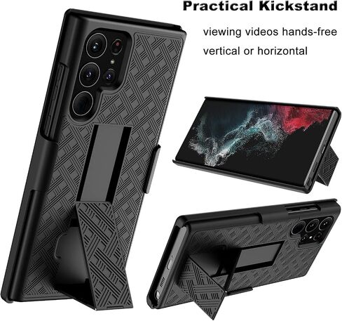 Galaxy S22 Ultra Case with Kickstand & Belt Clip Holster, Heavy Duty Shockproof Armor Protective Rugged Woven Pattern Hard Plastic Phone Cover for Samsung Galaxy S22 Ultra 6.8" 2022, Black in Saudi Arabia