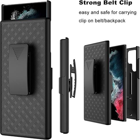 Galaxy S22 Ultra Case with Kickstand & Belt Clip Holster, Heavy Duty Shockproof Armor Protective Rugged Woven Pattern Hard Plastic Phone Cover for Samsung Galaxy S22 Ultra 6.8" 2022, Black in Saudi Arabia