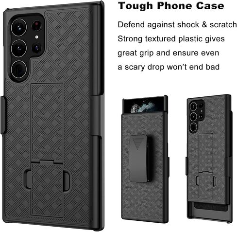 Galaxy S22 Ultra Case with Kickstand & Belt Clip Holster, Heavy Duty Shockproof Armor Protective Rugged Woven Pattern Hard Plastic Phone Cover for Samsung Galaxy S22 Ultra 6.8" 2022, Black in Saudi Arabia