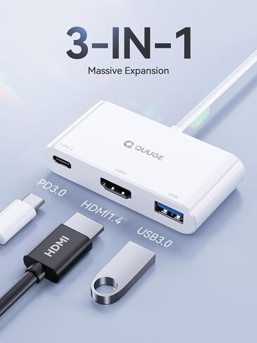 محول USB C إلى HDMI متعدد المنافذ، USB من النوع C إلى HDMI [UHD 4K@30 هرتز]، منفذ USB 3.0 بسرعة 5 جيجابت في الثانية، شحن PD 100 وات، محول USB-C Hub رقمي AV متعدد المنافذ 3 في 1 متوافق مع MacBook Air/Pro [الإصدار العالمي.] in Kuwait