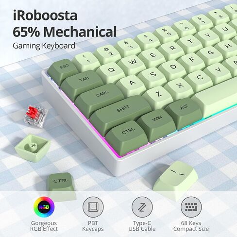 Green Matcha 65% Percent Small Mechanical Keyboard, 68 Key RGB Gaming Keyboard, Red Switch USB-C Wired Keyboard, PBT XDA Keycaps Compact Mini Keyboard for Game, Office (68 Matcha) in Kuwait