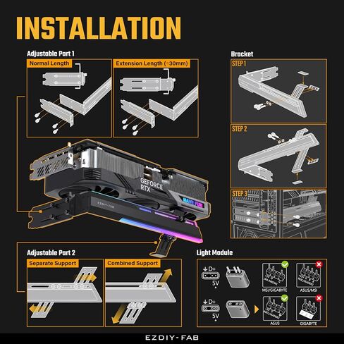 EZDIY-FAB 5V ARGB GPU حامل دعامة بطاقة الرسومات GPU يدعم قوس حامل بطاقة الفيديو، هيكل قابل للتمدد، حامل بطاقة الفيديو / دعم قوس الحافظة RX7990XTX، RTX4090، Black-341 in Kuwait