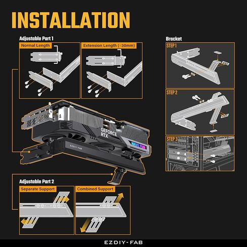 EZDIY-FAB 5V ARGB GPU Holder Brace Graphics Card GPU Support Video Card Holder Bracket, Strenchable Structure, Video Card Sag Holder/Holster Bracket Support RX7990XTX, RTX4090, Black-341 in Kuwait