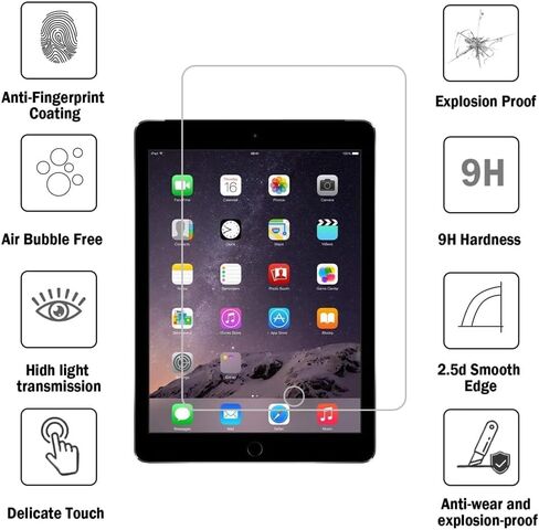 تصميم لجهاز Apple 9.7 بوصة iPad 6th / 5th / iPad Air 2 / iPad Air 1 واقي شاشة من الزجاج المقوى، مضاد للخدش، خالٍ من الفقاعات، عالي الوضوح (عبوة من قطعتين) in Saudi Arabia