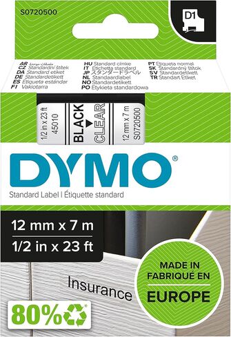 DYMO 45010 D1 Polyester Removable Label Tape, 1/2-Inch x 23 ft, Black on Clear in Saudi Arabia