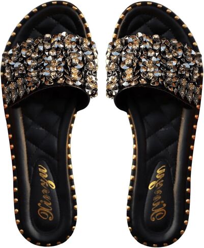 GORGLITTER Women's Rhinestone Sandals Glitter Single Band Flat Sandals Open Toe Sparkle Slides in Saudi Arabia