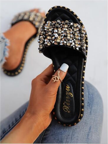 GORGLITTER Women's Rhinestone Sandals Glitter Single Band Flat Sandals Open Toe Sparkle Slides in Saudi Arabia