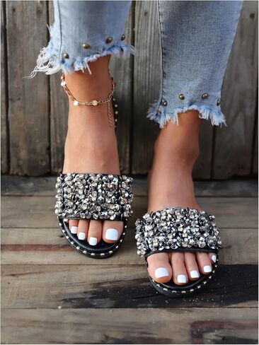 GORGLITTER Women's Rhinestone Sandals Glitter Single Band Flat Sandals Open Toe Sparkle Slides in Saudi Arabia