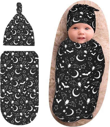 Goth Baby Stuff، بطانية قماط لحديثي الولادة، بطانية قماط للأطفال باللون الأسود، قماط مع مجموعة قبعة صغيرة، بطانية لاستقبال الأطفال حديثي الولادة من الأولاد والبنات، لفافة قماط للأطفال الرضع in Saudi Arabia