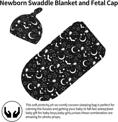 Goth Baby Stuff، بطانية قماط لحديثي الولادة، بطانية قماط للأطفال باللون الأسود، قماط مع مجموعة قبعة صغيرة، بطانية لاستقبال الأطفال حديثي الولادة من الأولاد والبنات، لفافة قماط للأطفال الرضع in Saudi Arabia