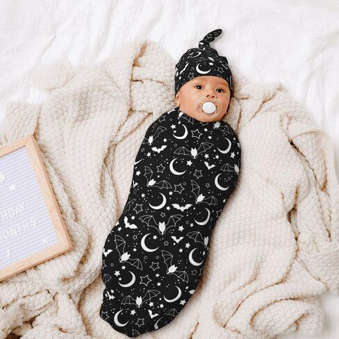 Goth Baby Stuff، بطانية قماط لحديثي الولادة، بطانية قماط للأطفال باللون الأسود، قماط مع مجموعة قبعة صغيرة، بطانية لاستقبال الأطفال حديثي الولادة من الأولاد والبنات، لفافة قماط للأطفال الرضع in Saudi Arabia