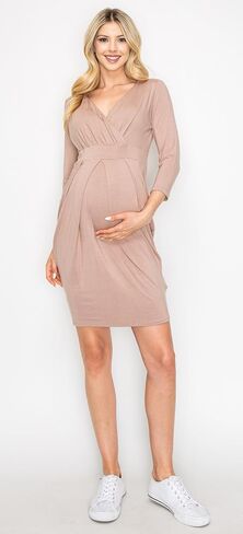 فستان نسائي للرضاعة بأكمام طويلة من My Bump كاجوال بياقة على شكل V للرضاعة الطبيعية مع ثنيات أمامية in Kuwait